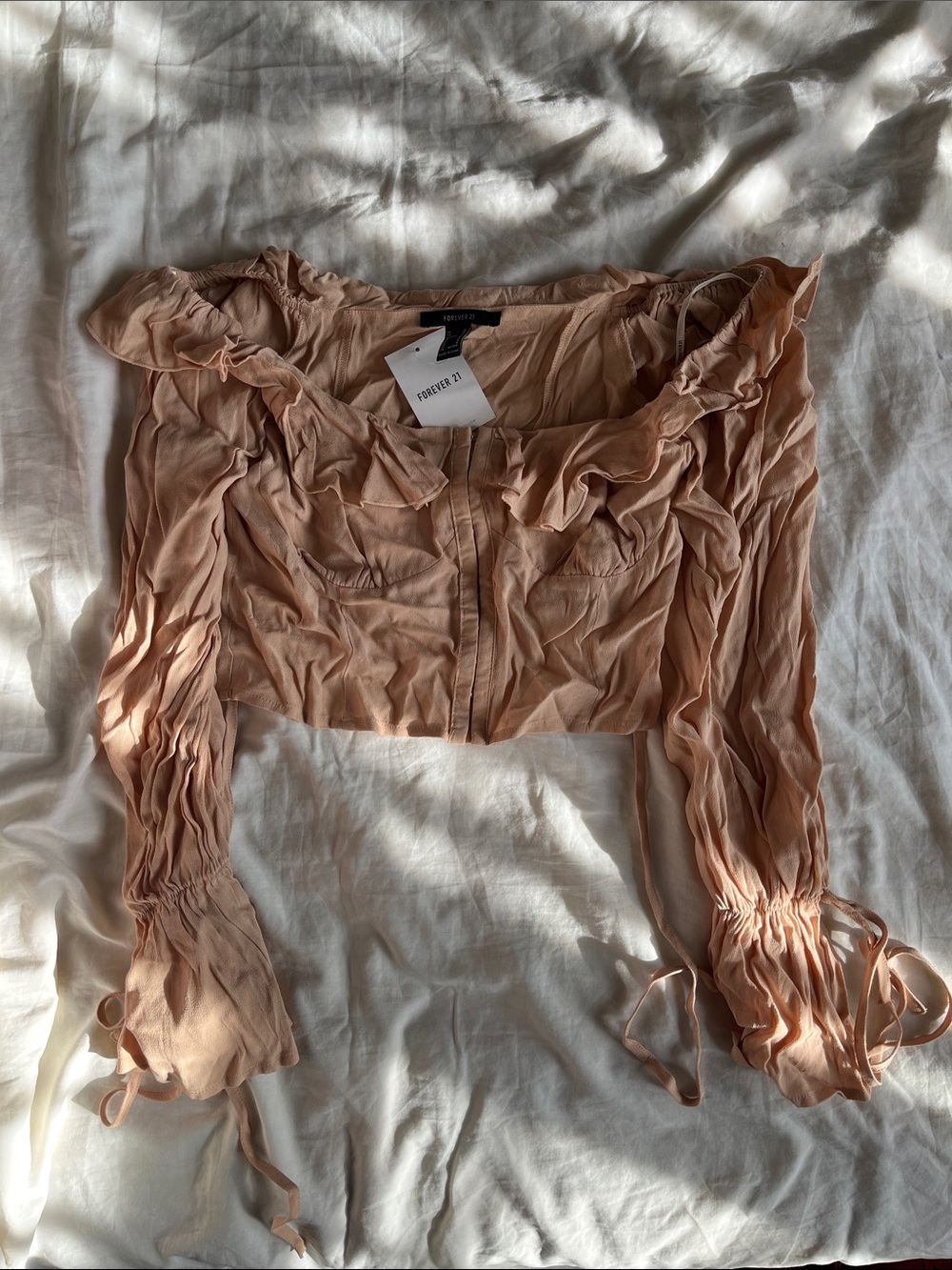 Forever 21 Cropped Bustier Corset Ruffle Neckline Flare Sleeves Top